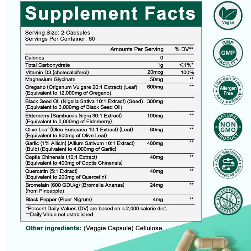 Cápsulas de aceite de orégano con aceite de semilla negra ajo, vitamina D3, glicinato de magnesio Foto 4 de 4