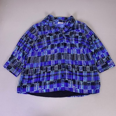 White Stag Blouse Womens 2X Blue Black Abstract Plaid 3/4 Sleeve Button Up Shirt