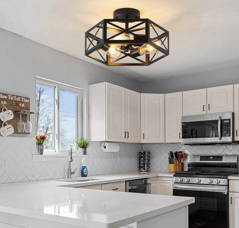 Lámpara de araña moderna negra de granja con estuche hexagonal de metal Foto 2 de 3