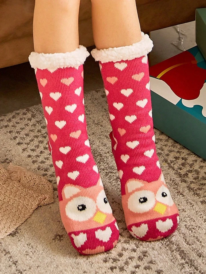 Mujeres Acogedores Búho Sherpa Calcetines Invierno Térmicos Festivos Zapatilla Calcetín Regalo de Navidad Foto 3 de 4