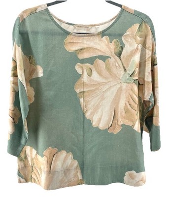 Soft Surroundings Linen Blend Blouse Floral Sage Green Relaxed Boho Petite S M