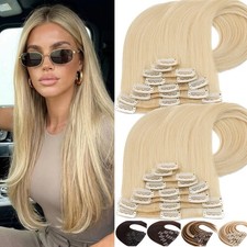 CLEARANCE Clip In Hair Extensions Real Human Hair Weft Full Head 8pcs Blonde US
