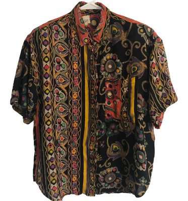 RARE vtg 80s Mens Funky Button Up Rayon Shirt Sz M Hippie Tribal