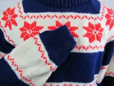 Vtg UNISEX Ski Sweater HAND MADE 1960'S RED WHITE BLUE W/ SNOWFLAKES