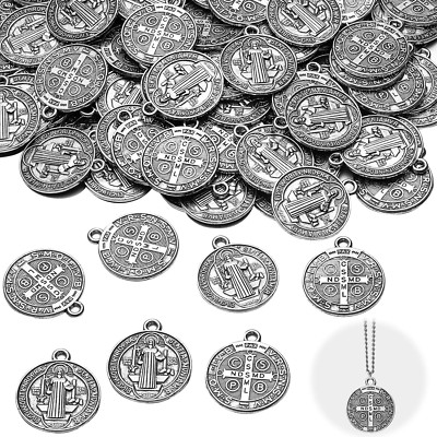 60 Pieces St Benedict Medals 0.94 X 0.79 Inch Christian Metal Saint Pendant Silv