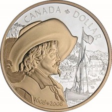 2008 CANADA FOUNDING OF QUEBEC PROOF SILVER DOLLAR GOLD PLATED COIN