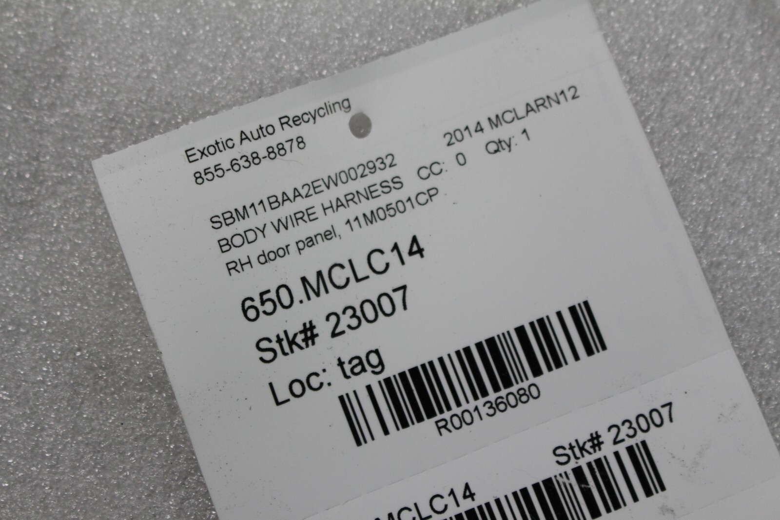 Mclaren MP4-12C, RH, Right, Door Panel Wire Harness, Used, P/N 11M0501CP