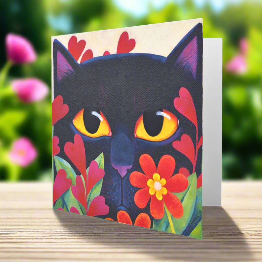 Funny Black Cat and Flowers Greetings Card by Vicky Mount Humorous Cat Lovers