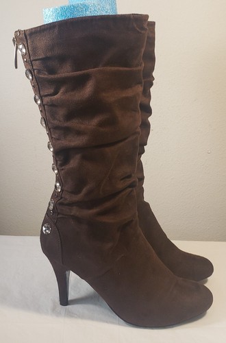 Kathy Van Zeeland Dark Brown Suede Studded Knee High Heel Boots Size 6M - Picture 2 of 9