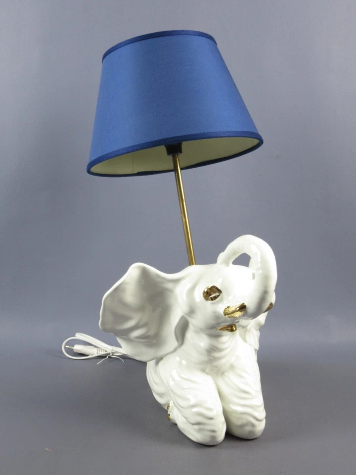 Lampe de Table Sculpture Éléphant Céramique Abat-Jour Blu Vintage Ans ‘80 - Photo 3/4