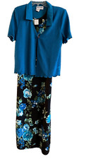 Vtg 80s Focus Studio Womens 12 Midi Black Teal Dress Teal Short Jacket 