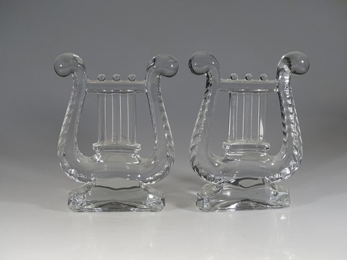 Vintage Fostoria Glass Crystal #2601 Lyre Harp Book Ends c.1940 - Picture 3 of 5
