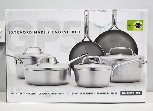 NEW GreenPan GP5 Ceramic Non-Stick Stainless Steel 10-piece Cookware Set