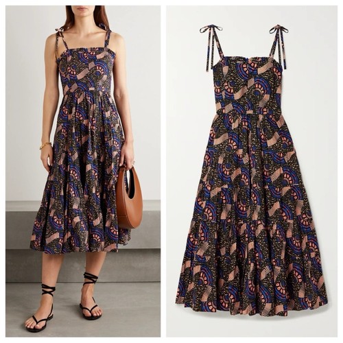 Ulla Johnson Ellyn Midi Dress (Sz 4) Tie Strap Printed Cotton Poplin Army Multi - 第 1/15 張圖片
