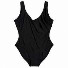 Vtg 80s Black Ribbed One Piece Swimsuit Catalina V-Neck Size M8-10 Cruise Resort