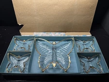 Jeannette Glass Co Butterfly Dish Set w/ Gold Edging Candy Trinket Nuts Jewelry