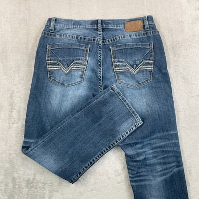 BKE Buckle Derek Jeans Men 34Rx30 Blue Straight Leg Embroidered Pockets Cowboys