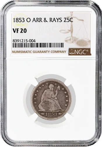 1853 O Arrows & Rays 25C Seated Liberty Quarter Silver NGC VF20 Circulated Coin