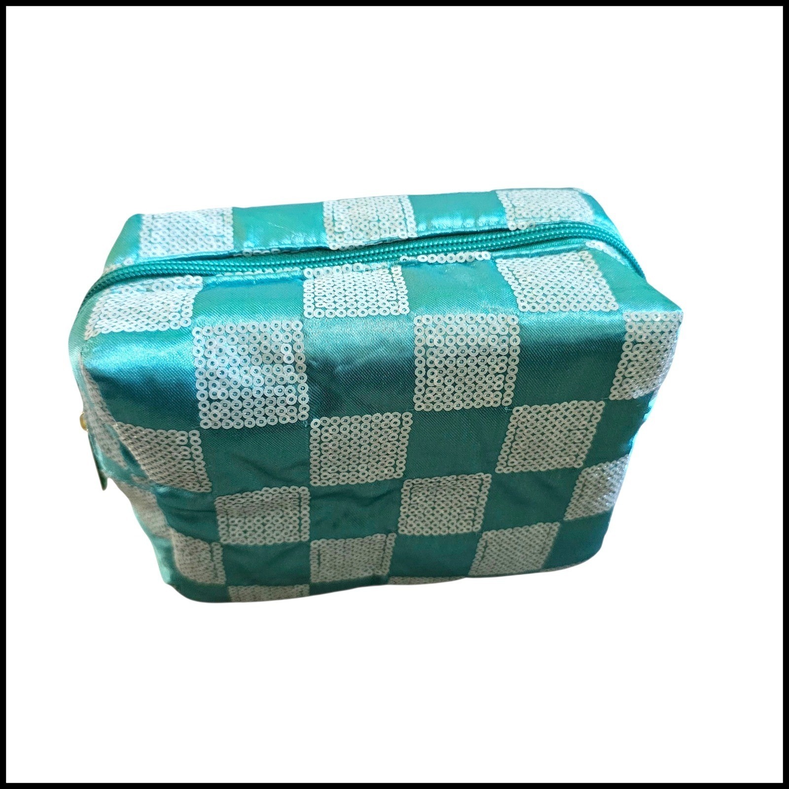 Клетчатая косметичка в бирюзовую клетку с блестками Косметичка для дорожных туалетных принадлежностей маленький футляр-футлярчик 2190₽