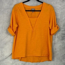 J Jill Orange V Neck Roll Tab Sleeve Top Sz L Petite casual colorful Cotton
