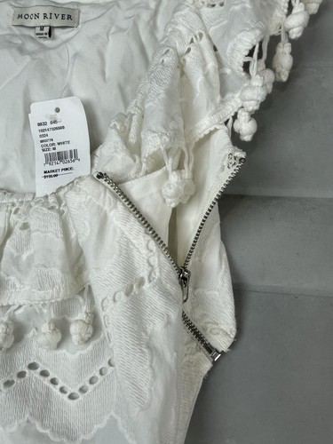Moon River Womens Medium Romper Eyelet Pom Pom Ruffle Boho Romantic Chic NEW - Picture 10 of 13