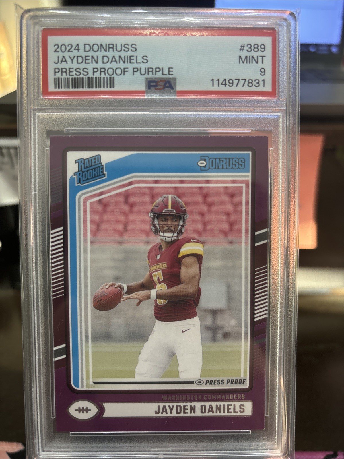 2024 PANINI DONRUSS JAYDEN DANIELS PURPLE PRESS PROOF RATED ROOKIE PSA 9