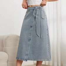 Gonna Midi In Denim A Line Con Coulisse Donna Blu In Polyester