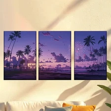 3pcs  a Seaside Sunset with Trees  Wall Art Canvas Framed 50x70cm