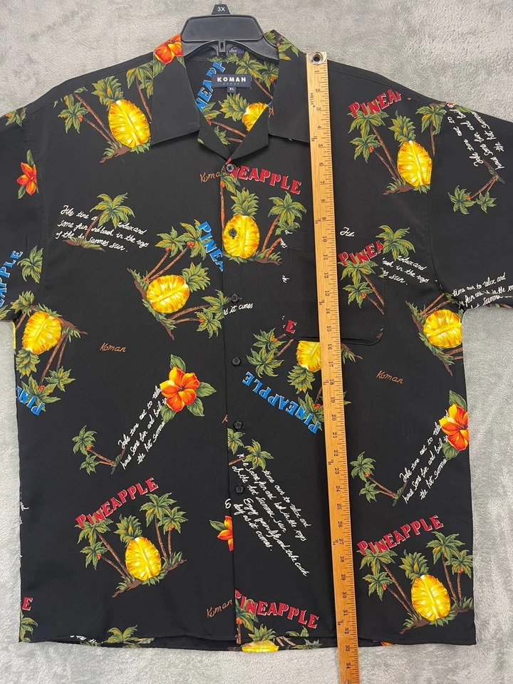 复古 Koman 运动夏威夷衬衫男式 XL 黑色菠萝花卉营地 Aloha — 第 3/4 张图片
