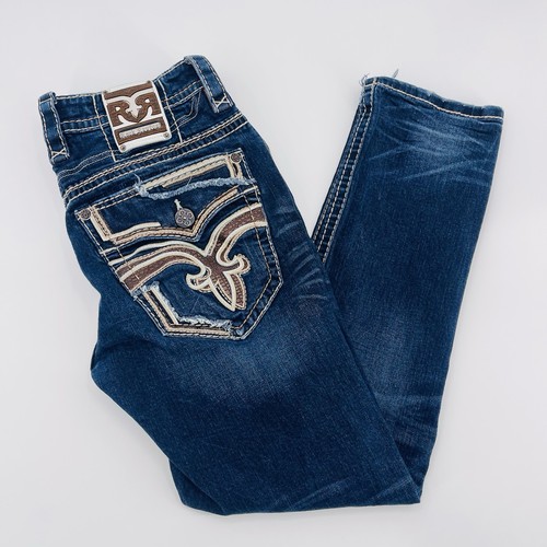 Pantalones de mezclilla Rock Revival para hombre 36 satélite ajustados pierna recta bordados