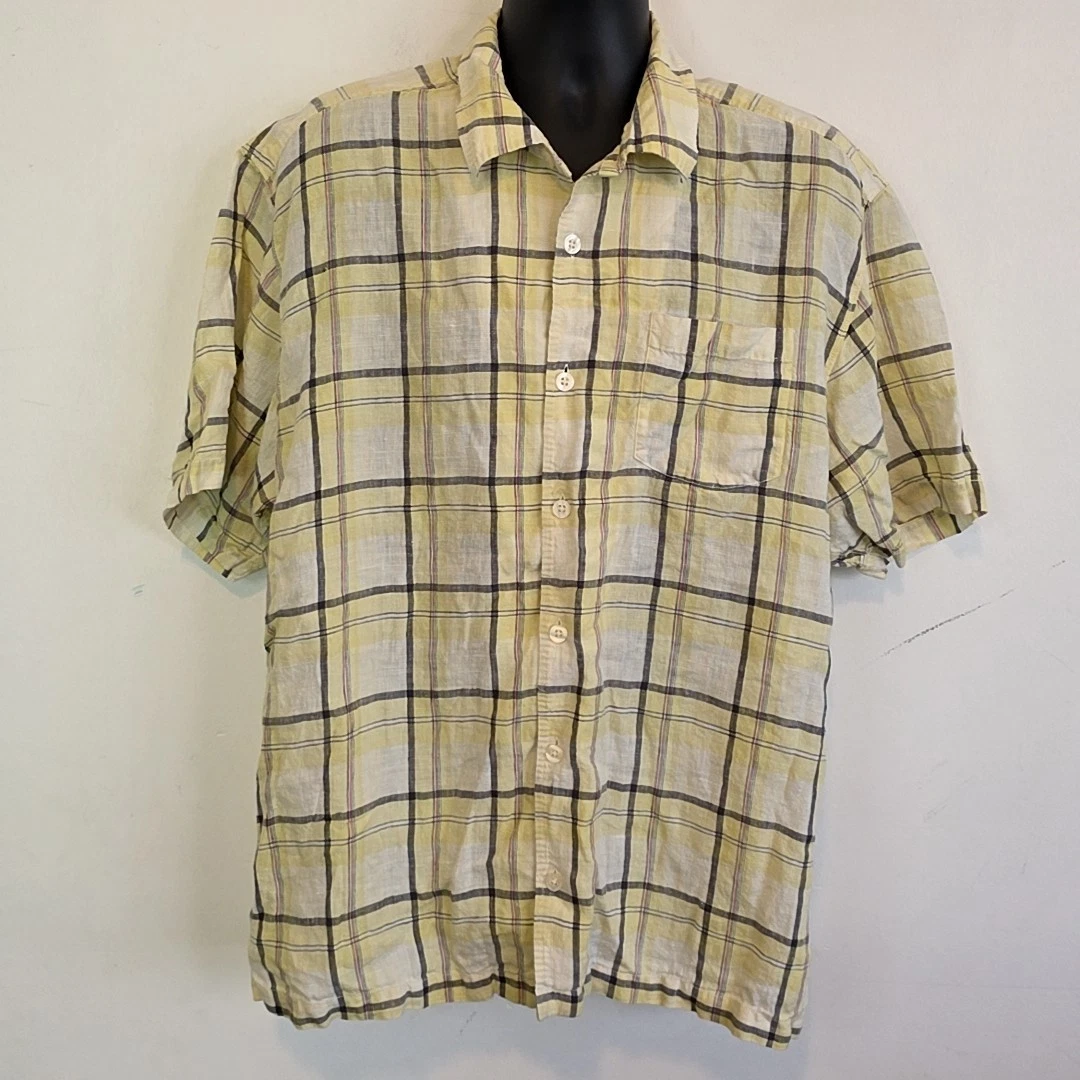 Tommy Bahama Mens Sz XL Casual Button Up Shirt 100% Linen Yellow Plaid Short Slv