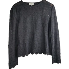 St John Sport Knit Scallop Hem Sequin Top Blouse Sheer Size M Wool Blend