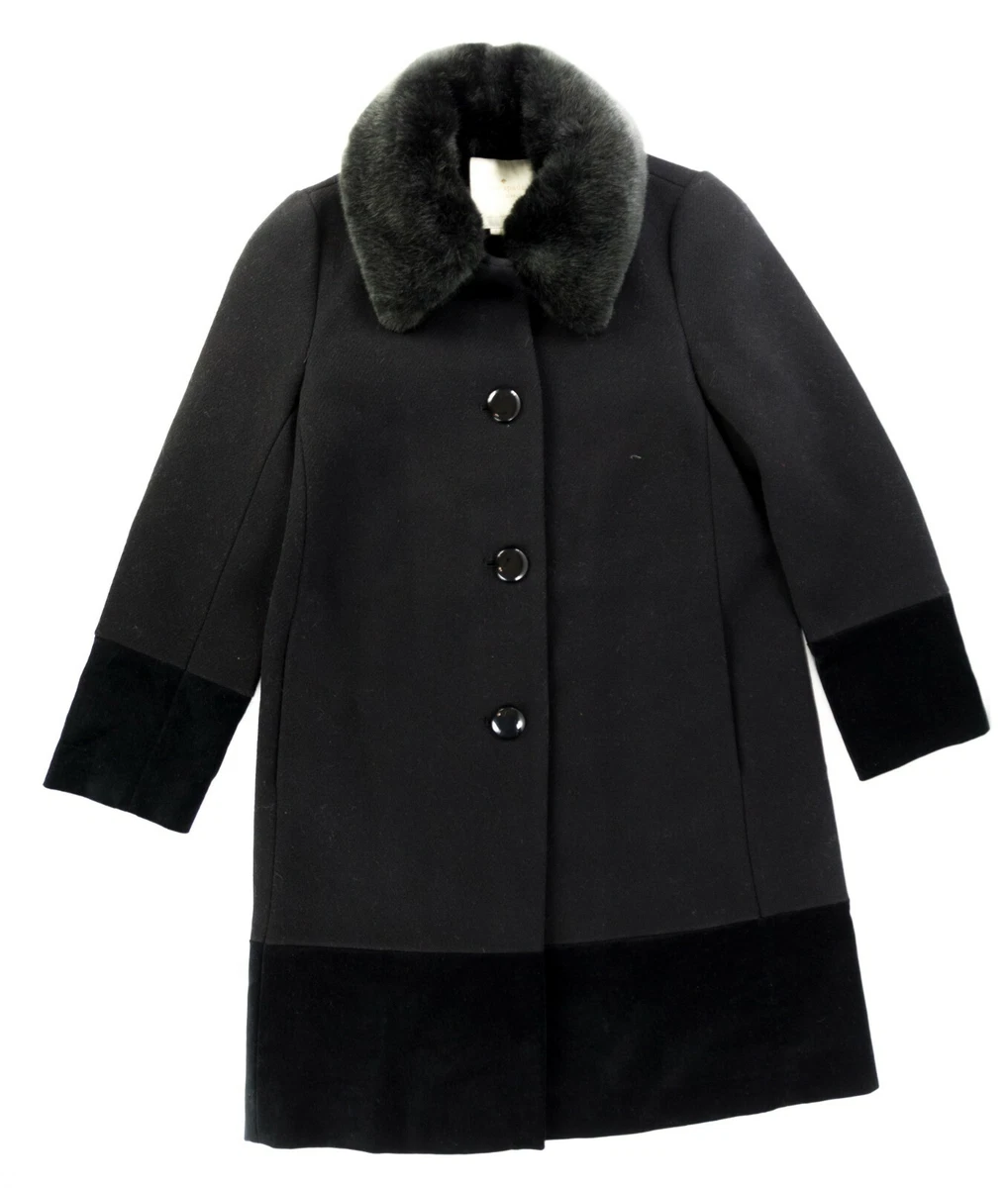 New Kate Spade Faux Fur Collar Velvet Trim Wool Blend Coat Black
