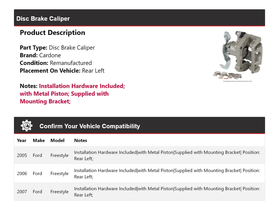 Pinça de freio a disco traseira esquerda Cardone 2006 Ford Freestyle 2005-2007 - Imagem 2 de 4
