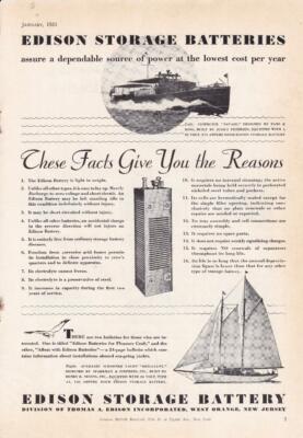 1933 Edison Marine Boat Storage Battery Ad/ Navajo Yacht Tams & King/Peterson
