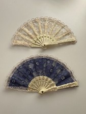 RARE Vintage Hand Held Folding Fan Lot of 2 Gold Beige Cream Blue Floral Lace