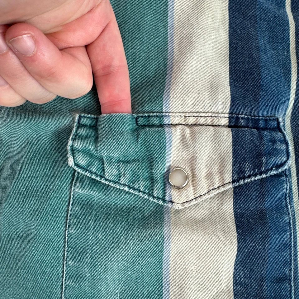 Vintage Wrangler Pearl Snap Button Shirt Rodeo Striped Brushpopper Blue Green XL - Image 4 of 4