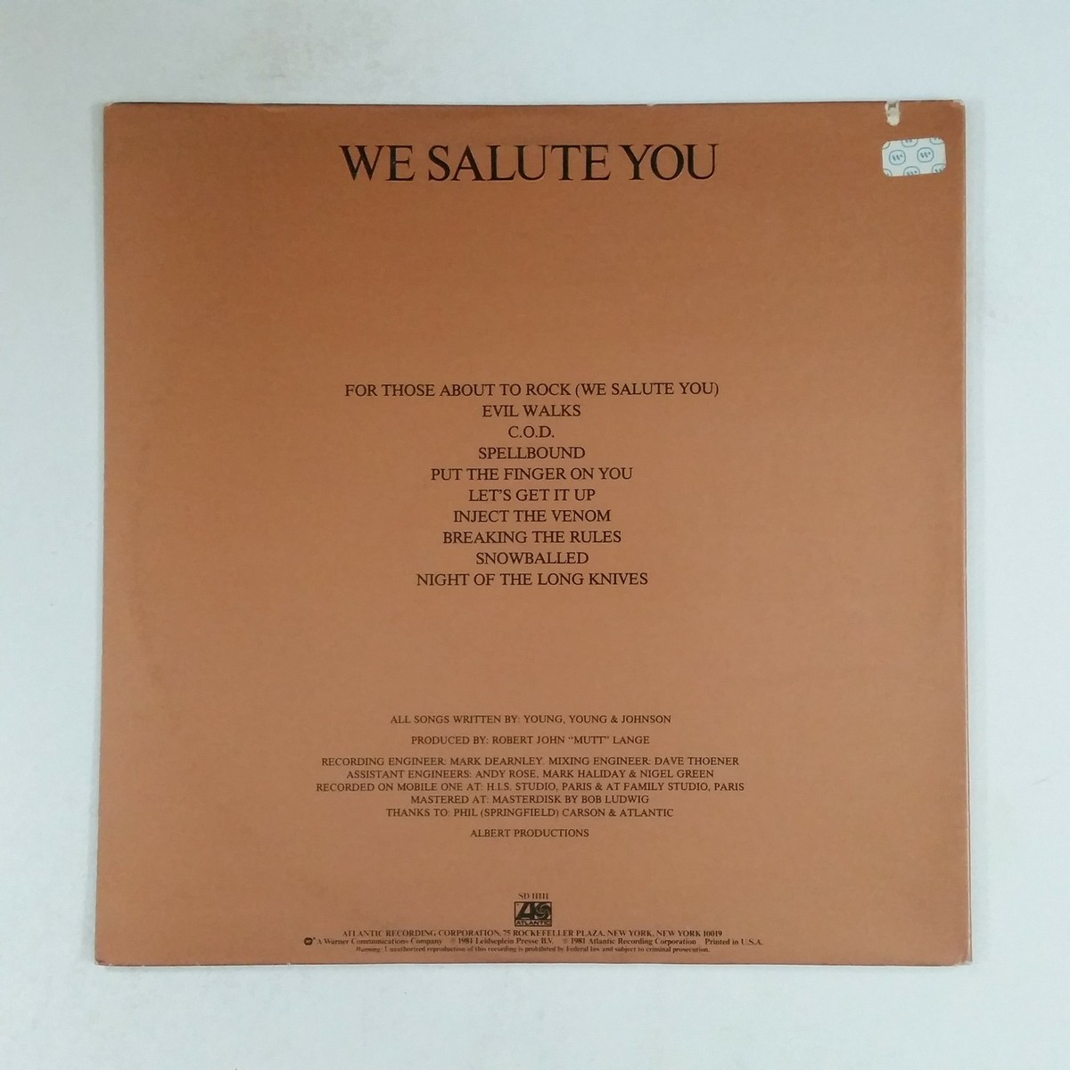 AC/DC For Those About To Rock SD1111 LP Vinyl VG++ Cover VG+ nr++