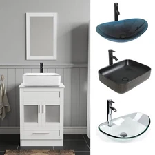 24" Bathroom Vanity Set Storage Cabinet with Vessel Sink  Mirror & Faucet Combo