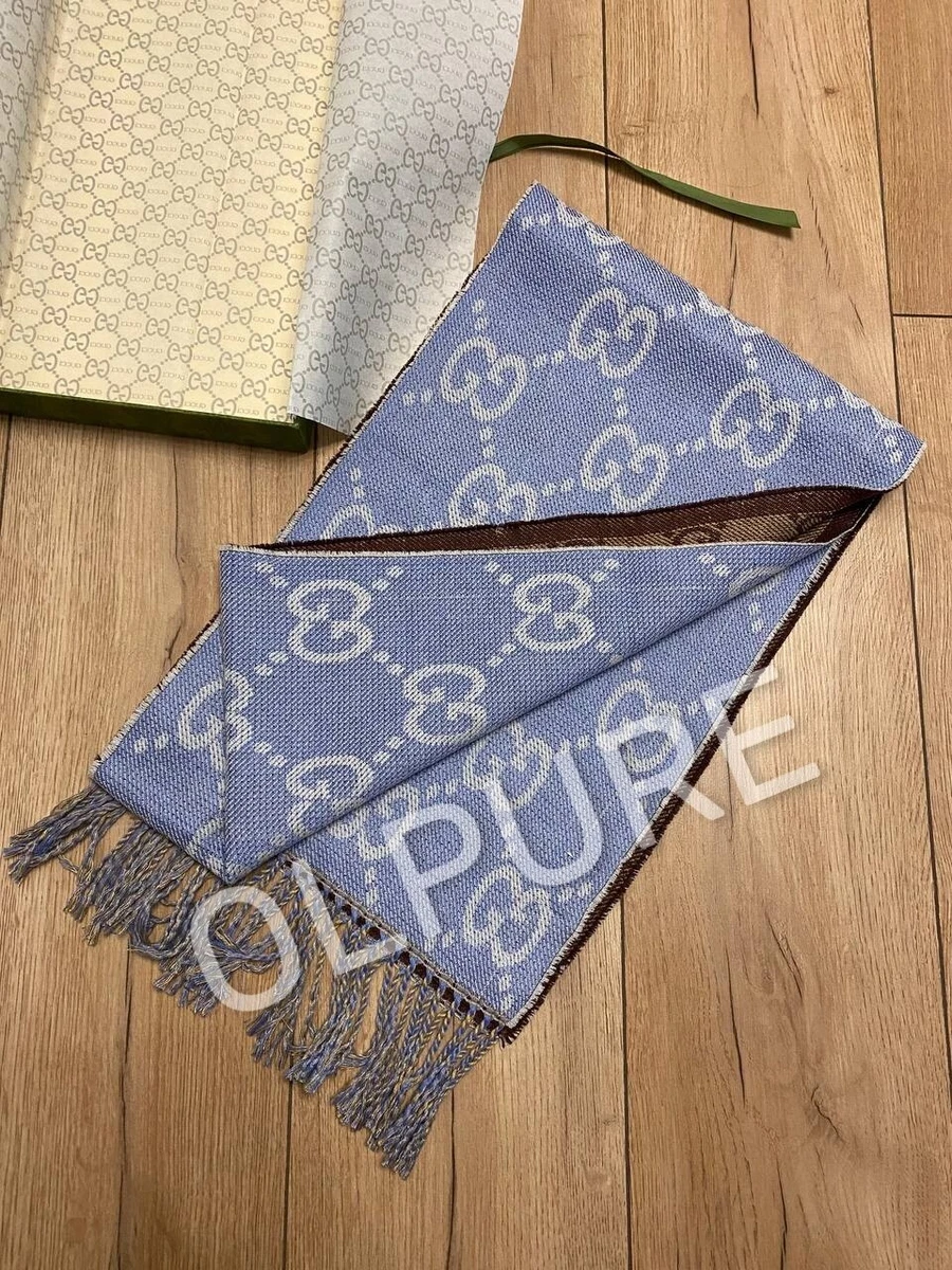 GG jacquard knit scarf with tassels in navy and brown