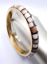 UNIQUE Gold Brass Brown Wood Resin Inlay 3" Diameter PLUS SIZE Bangle Bracelet
