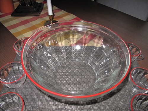 Vintage France Duralex Clear Glass / Red Trim Punch Bowl W/ 6 Cups Very Nice - Picture 2 of 10
