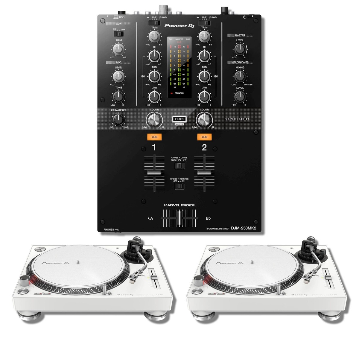 Pioneer DJ DJM-250MK2 2-channel DJ Mixer with Pioneer DJ PLX-500-W 