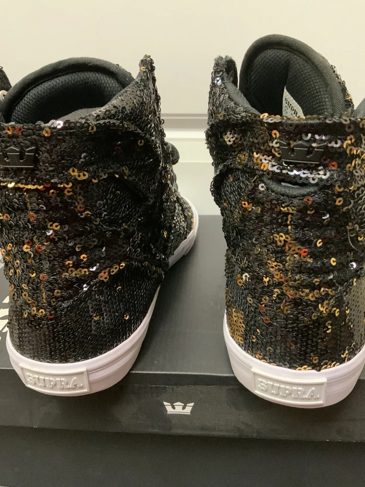 RARO SUPRA Mujer Zapatos Skytop Metálicos Negro Metálico Dorado Lentejuelas Talla 5 Foto 4 de 4