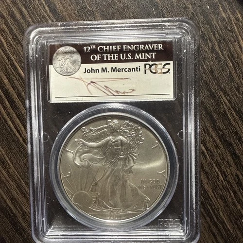 2011 (W) SILVER EAGLE PCGS MS70 JOHN MERCANTI SIGNED STRUCK AT WEST POINT LABEL