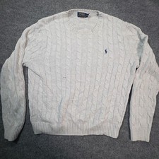 Polo Ralph Lauren Sweater Mens Large White Cable Knit Crewneck Pullover Logo