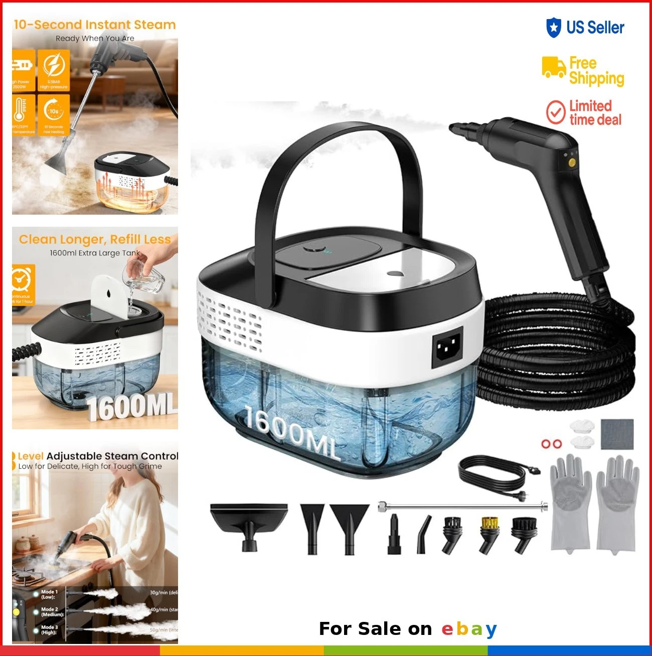 Pressurized Steam Cleaner 1.6L 2500W 3 Level Adjustable Handheld Steamer 19pcs