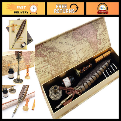 Vintage Quill Pen Set - Half-Patterned Feather, 6 Nibs, Ink Bottle, Seal Stamp &