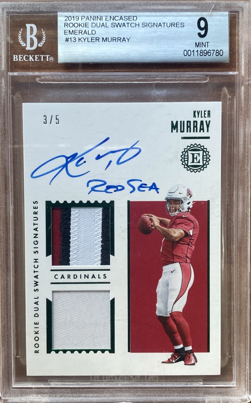 Kyler Murray Panini Encased Rookie Dual Swatch Signatures #KMU Emerald-White Box 1/1
