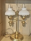 Vintage Brass Double Arm Gwtw Style Student Lamp White Glass Ribbed Shades
